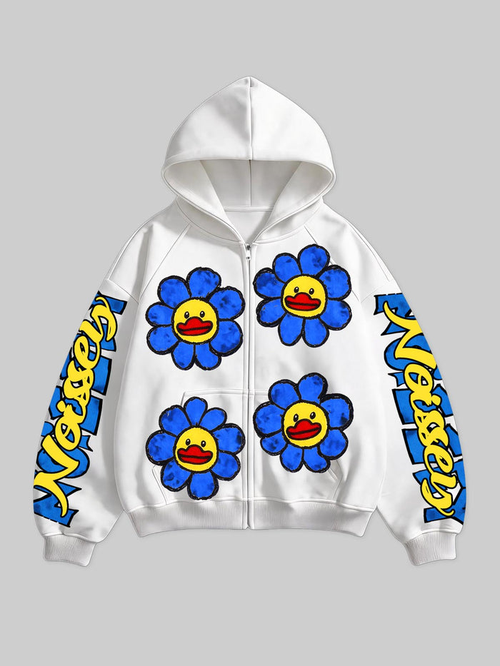 Mavi Çiçek ve Ördek Beyaz Fermuarlı Sweatshirt