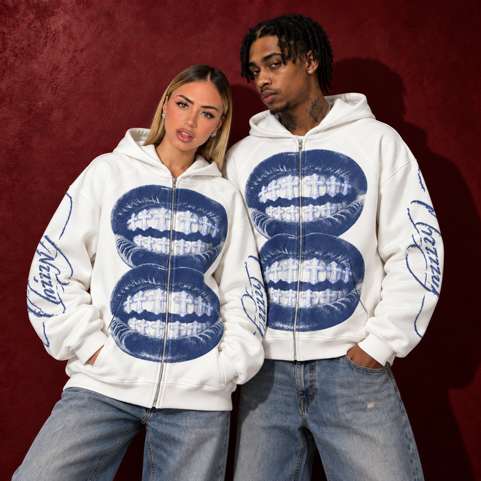 Blue Monochrome Cross Lips Beyaz Unisex Fermuarlı Sweatshirt