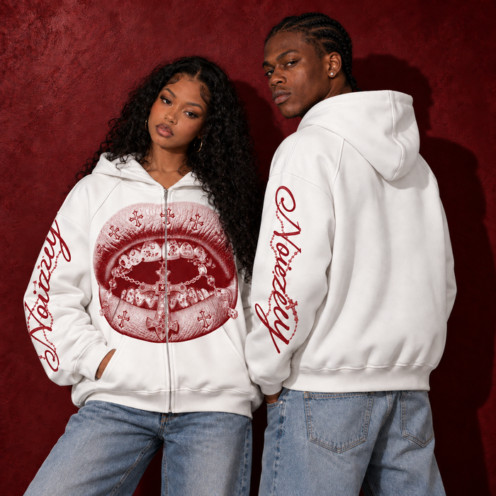 Red Print Cross Grills Beyaz Unisex Fermuarlı Sweatshirt