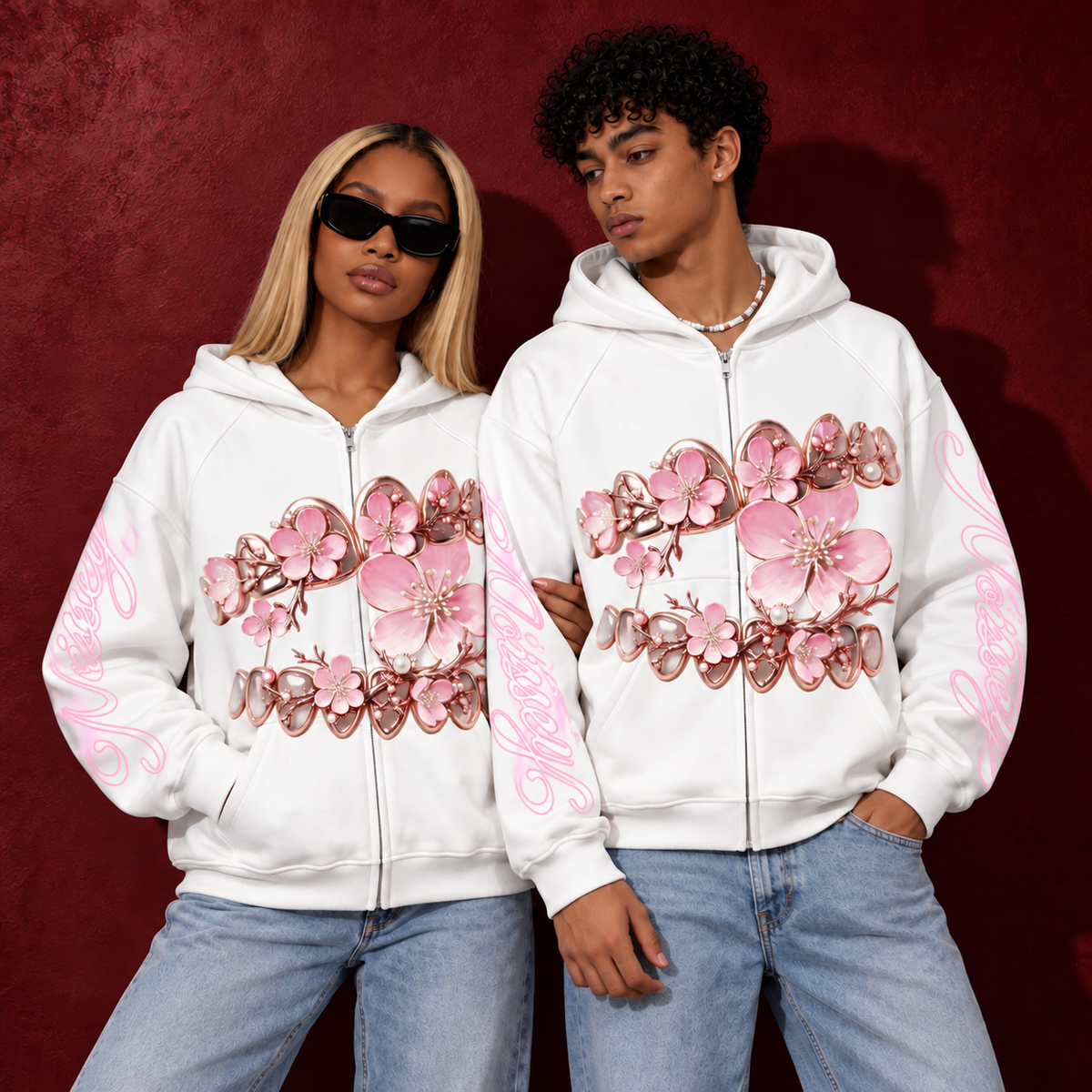 Kiraz Çiçeği Grillz Beyaz Unisex Fermuarlı Sweatshirt