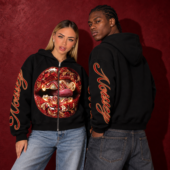 Barok Pırlanta Dudak Siyah Unisex Fermuarlı Sweatshirt