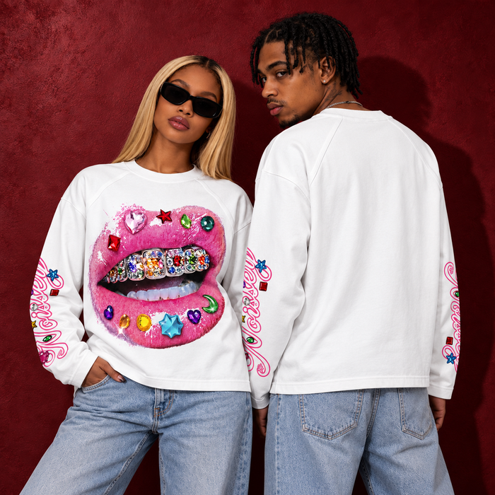 Pembe Grillz Dudak Beyaz Unisex Uzun Kollu Tişört