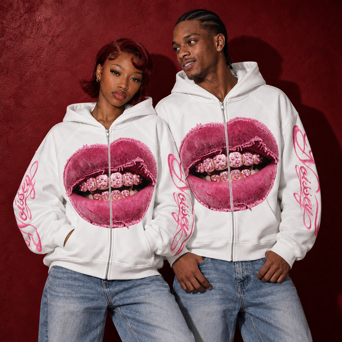 Eskitme Pembe Dudak Beyaz Unisex Fermuarlı Sweatshirt