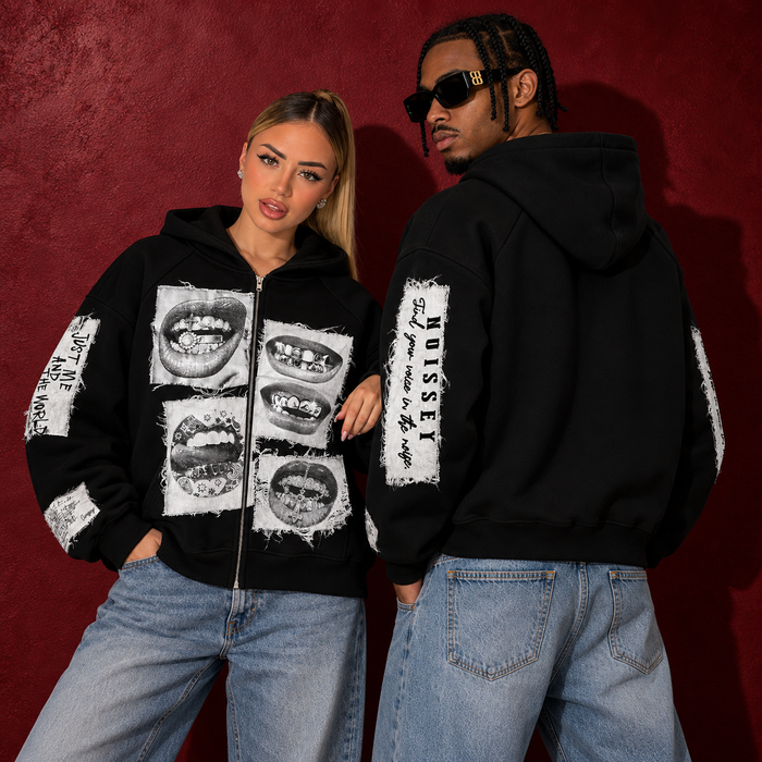 Siyah Beyaz Grillz Unisex Fermuarlı Sweatshirt