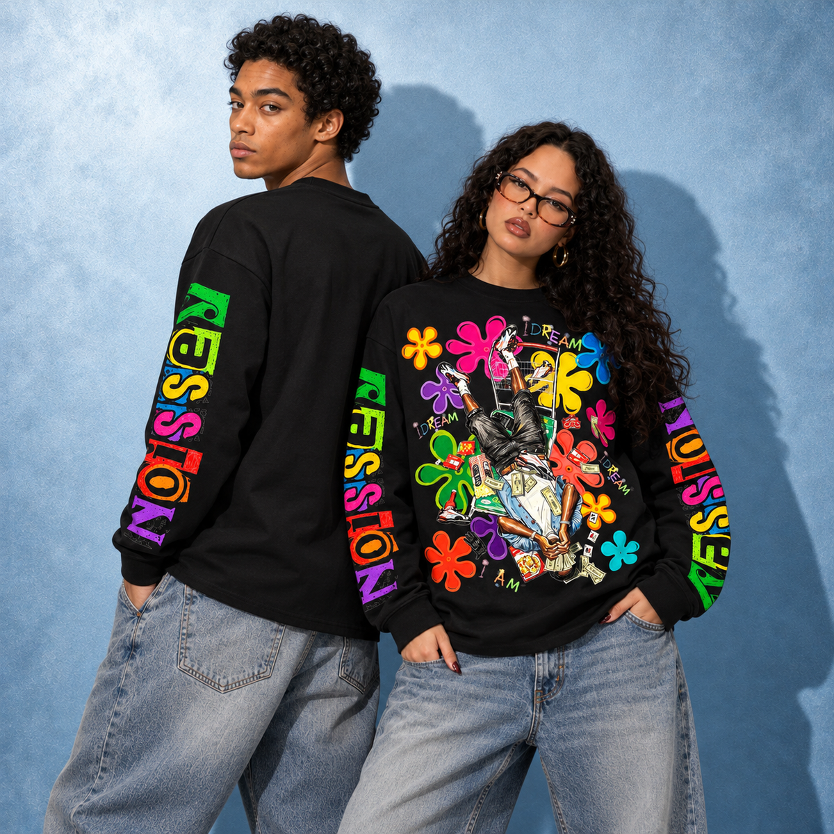IDREAM Çiçekli Portre Siyah Unisex Uzun Kollu Tişört