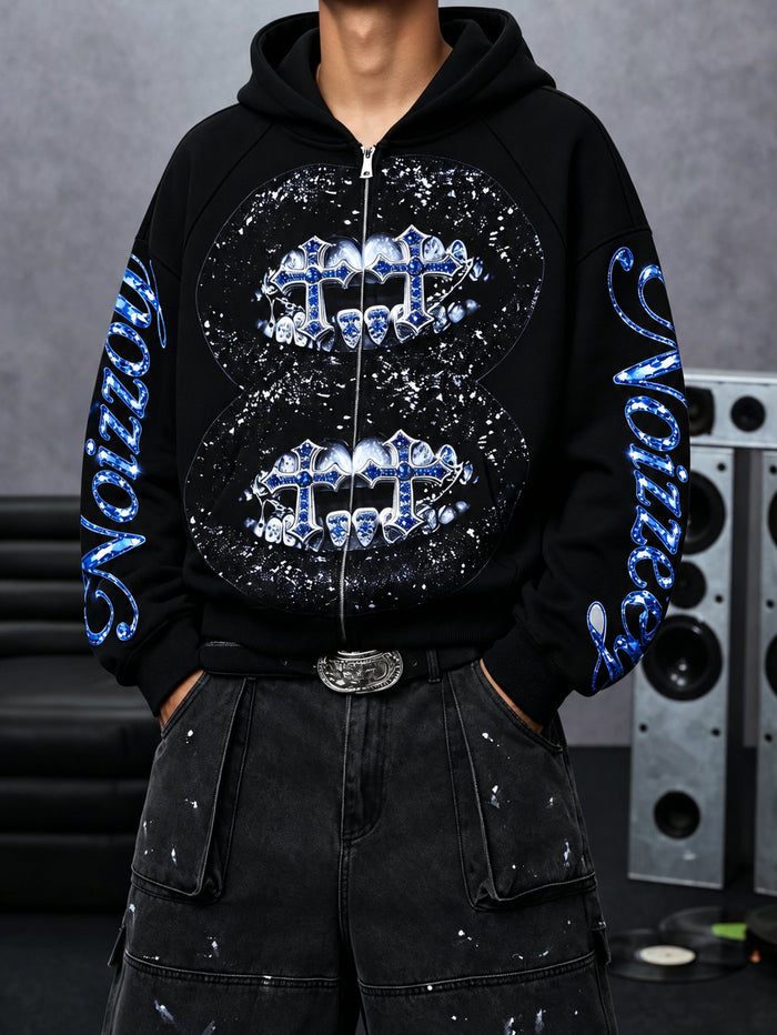 Double Blue Diamond Cross Siyah Unisex Fermuarlı Sweatshirt