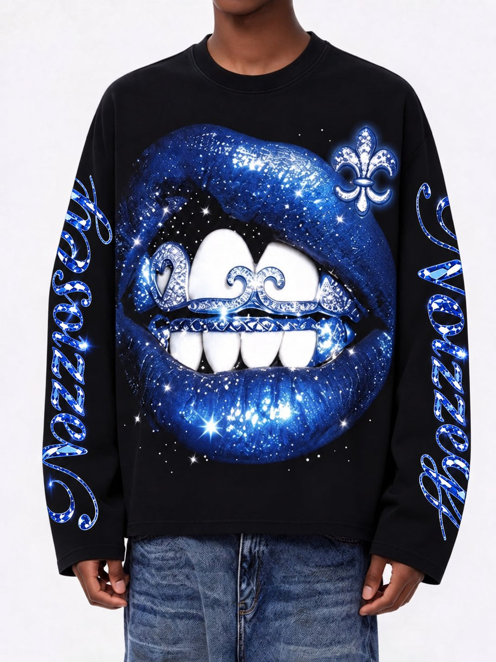 Fleur-de-Lis Blue Diamond Siyah Unisex Uzun Kollu Tişört