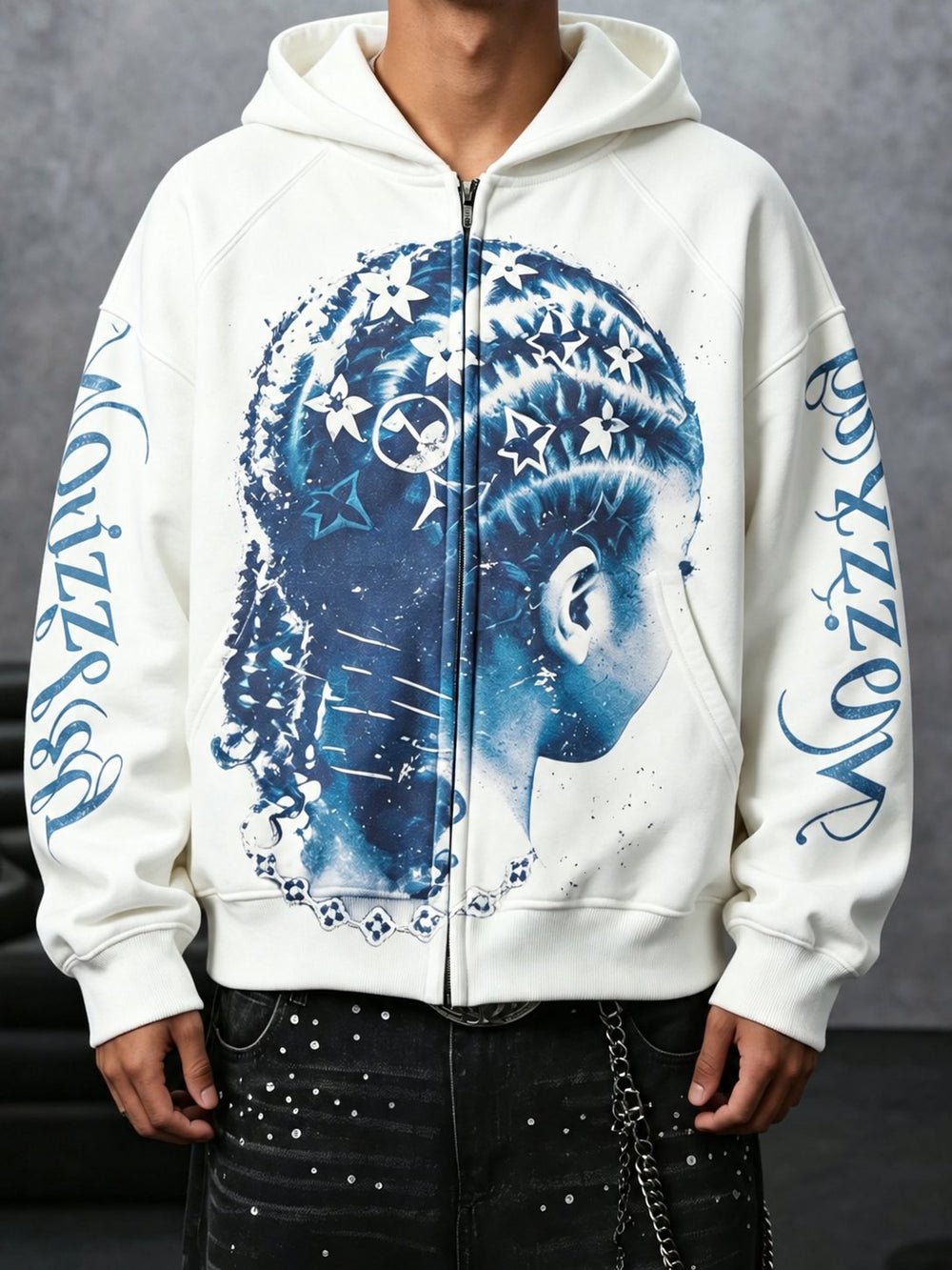 Blue Braid Beyaz Unisex Fermuarlı Sweatshirt