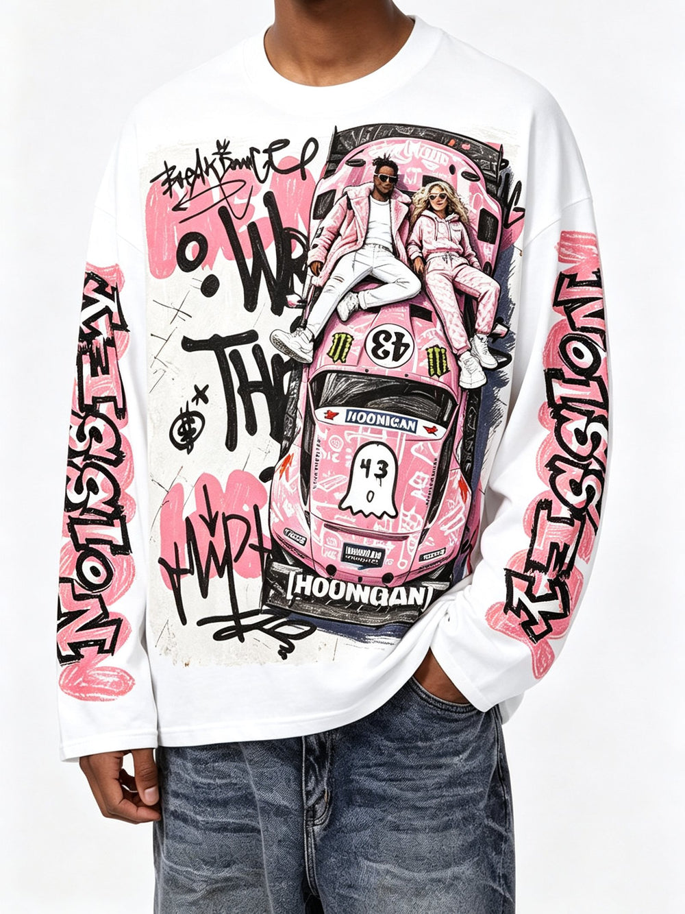 Pink Hoonigan Graffiti Beyaz Unisex Uzun Kollu Tişört