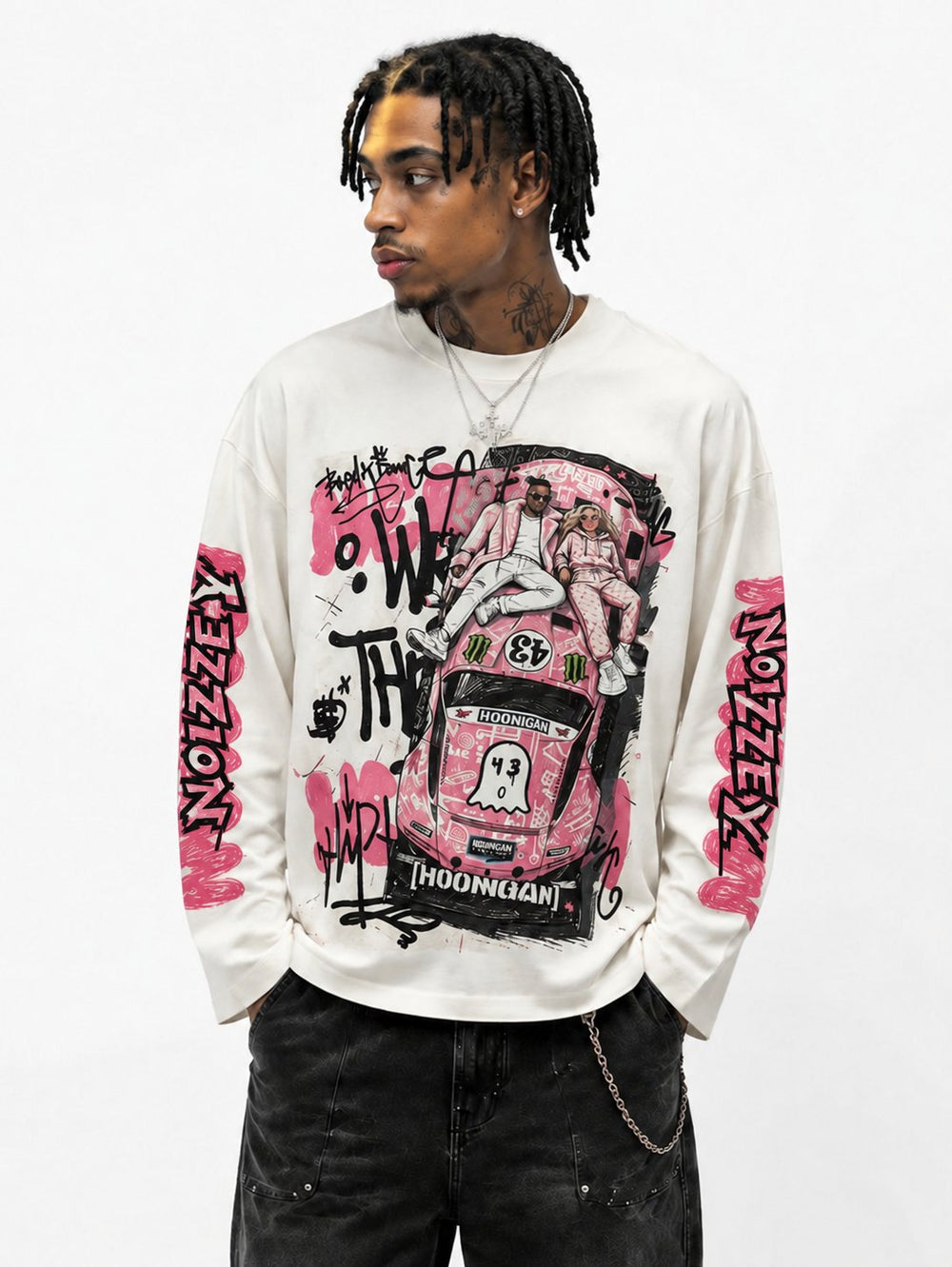 Pink Hoonigan Graffiti Beyaz Unisex Uzun Kollu Tişört