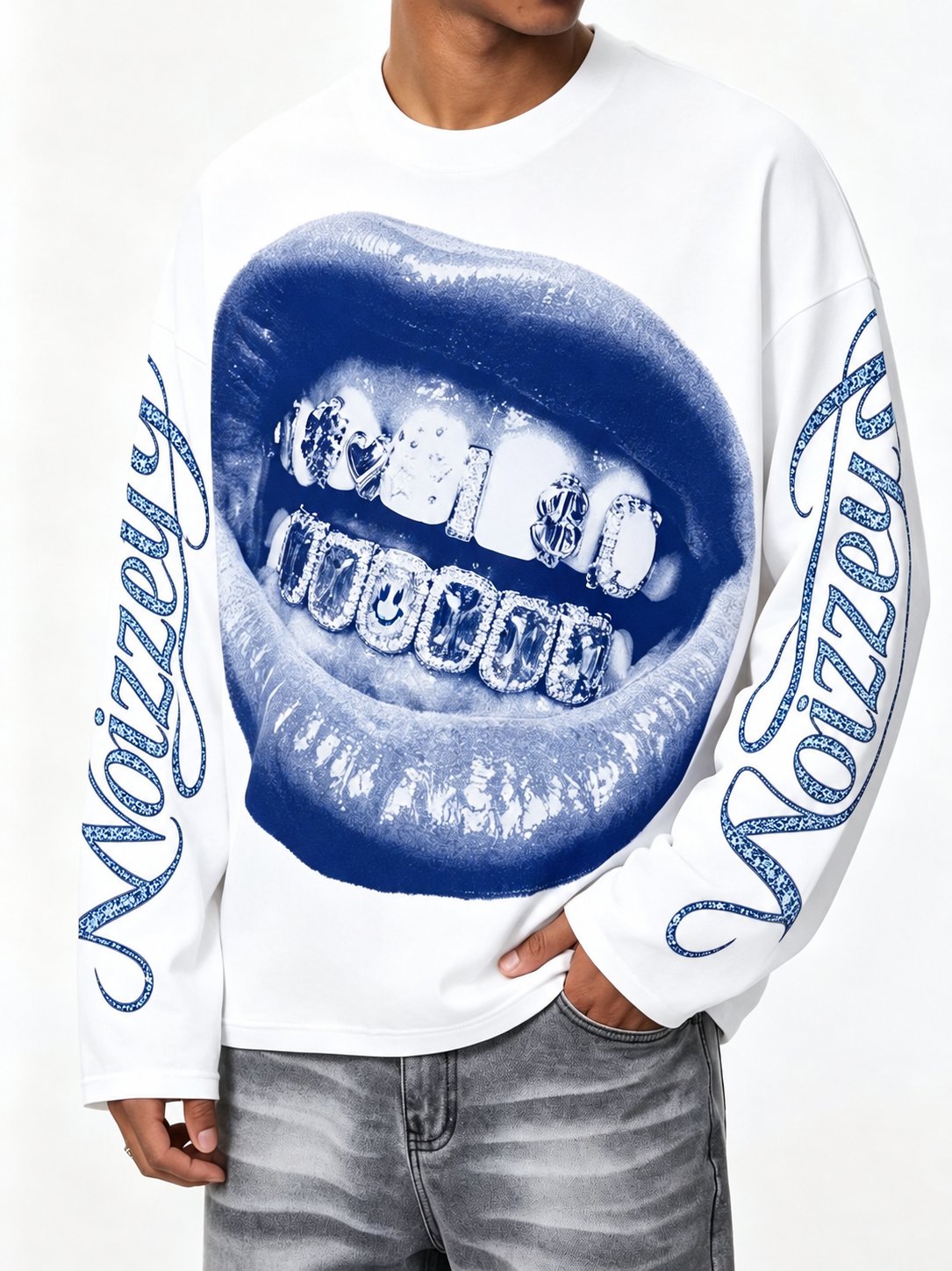 NOIZZEY Camgöbeği Grillz Beyaz Unisex Uzun Kollu Tişört – görsel 4