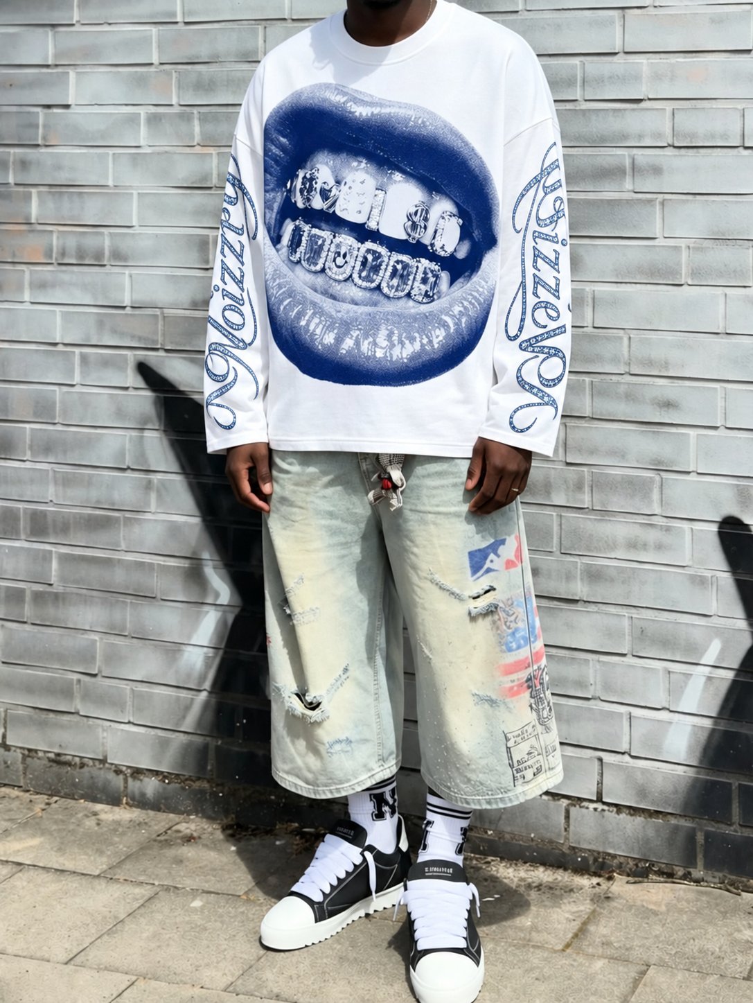 NOIZZEY Camgöbeği Grillz Beyaz Unisex Uzun Kollu Tişört – görsel 5