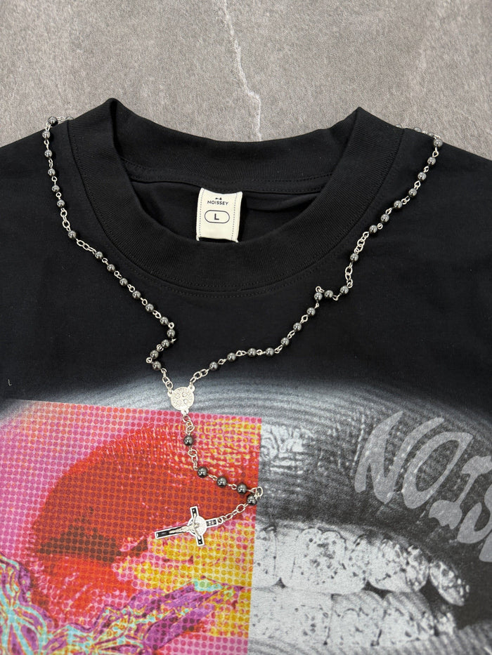 Haç Tespih Dudak Siyah Unisex Tişört