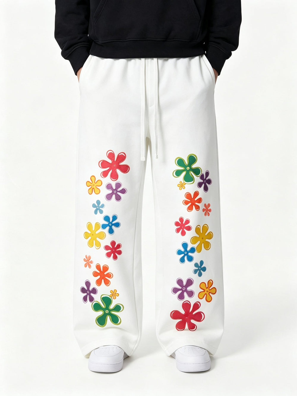 Renkli Çiçekli Grafiti Beyaz Unisex Eşofman Altı