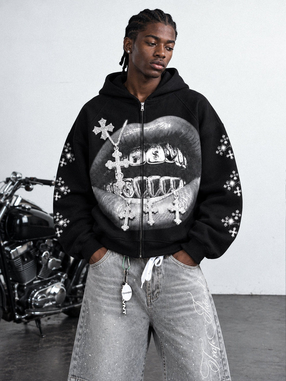 Gotik Haç Siyah Unisex Fermuarlı Sweatshirt