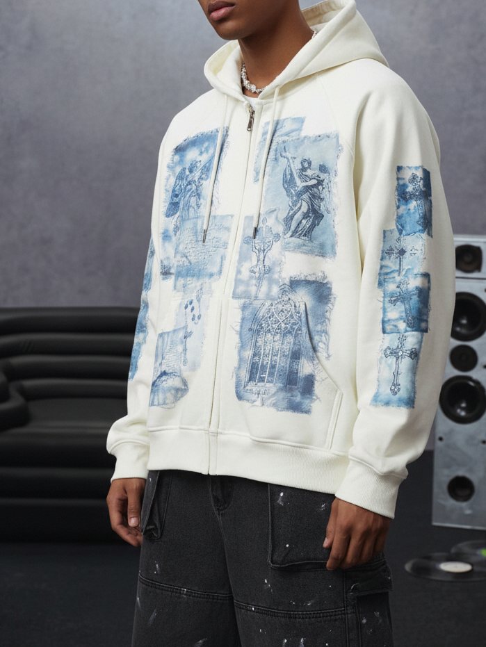 Siyanotip Melek Haç Beyaz Unisex Fermuarlı Sweatshirt