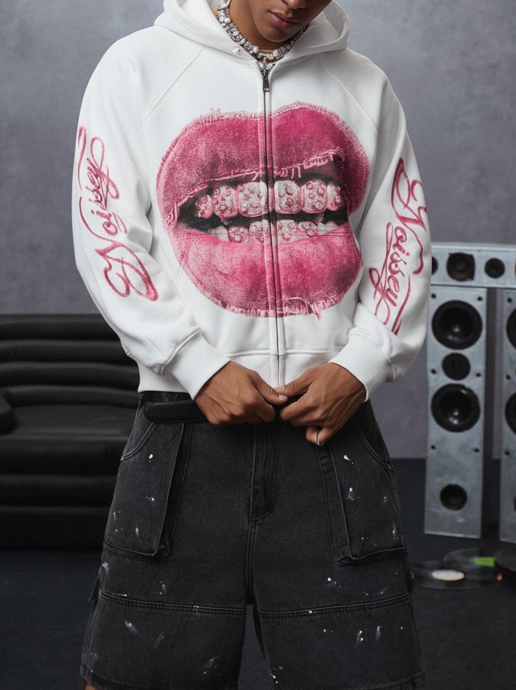 Eskitme Pembe Dudak Beyaz Unisex Fermuarlı Sweatshirt