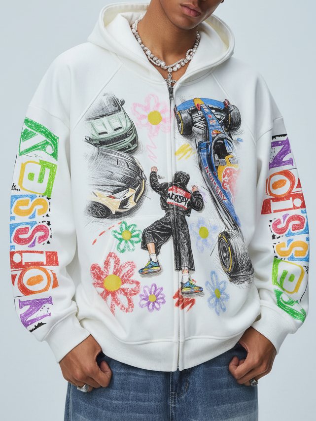 Çiçekli Düğüm Beyaz Unisex Fermuarlı Sweatshirt