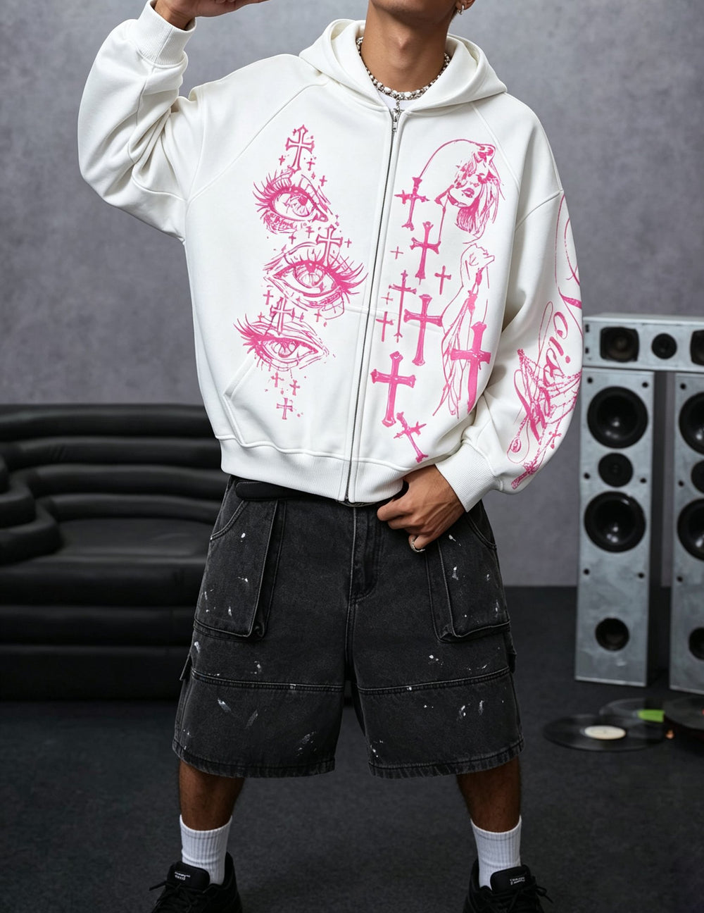 Pembe Haç Göz Beyaz Unisex Fermuarlı Sweatshirt
