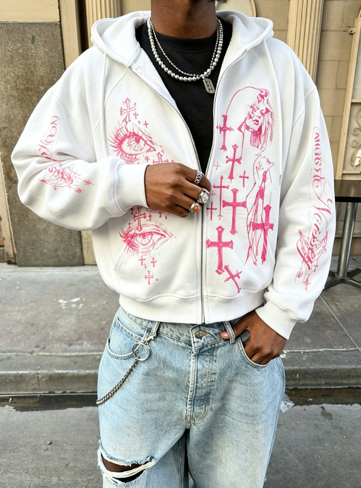 Pembe Haç Göz Beyaz Unisex Fermuarlı Sweatshirt