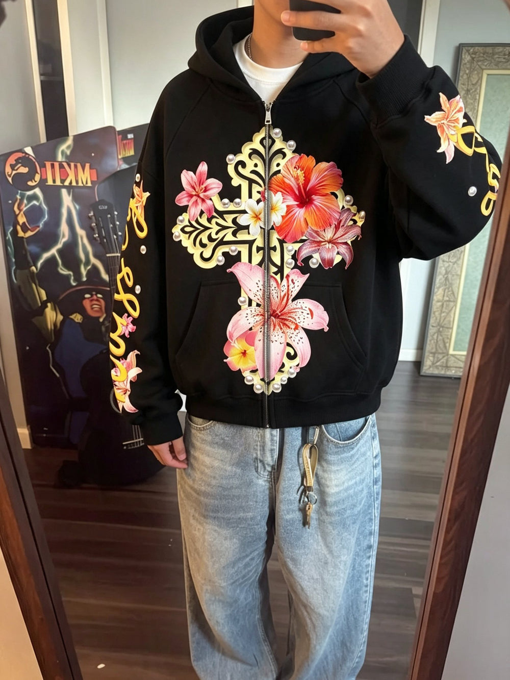 Çiçekli Haç Siyah Unisex Fermuarlı Sweatshirt