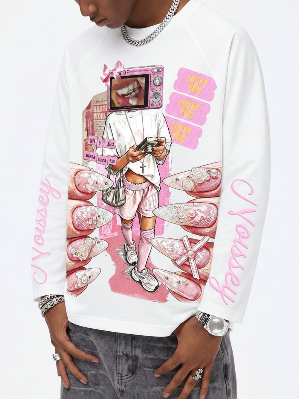 Pembe Kamera Kız Beyaz Unisex Uzun Kollu Tişört