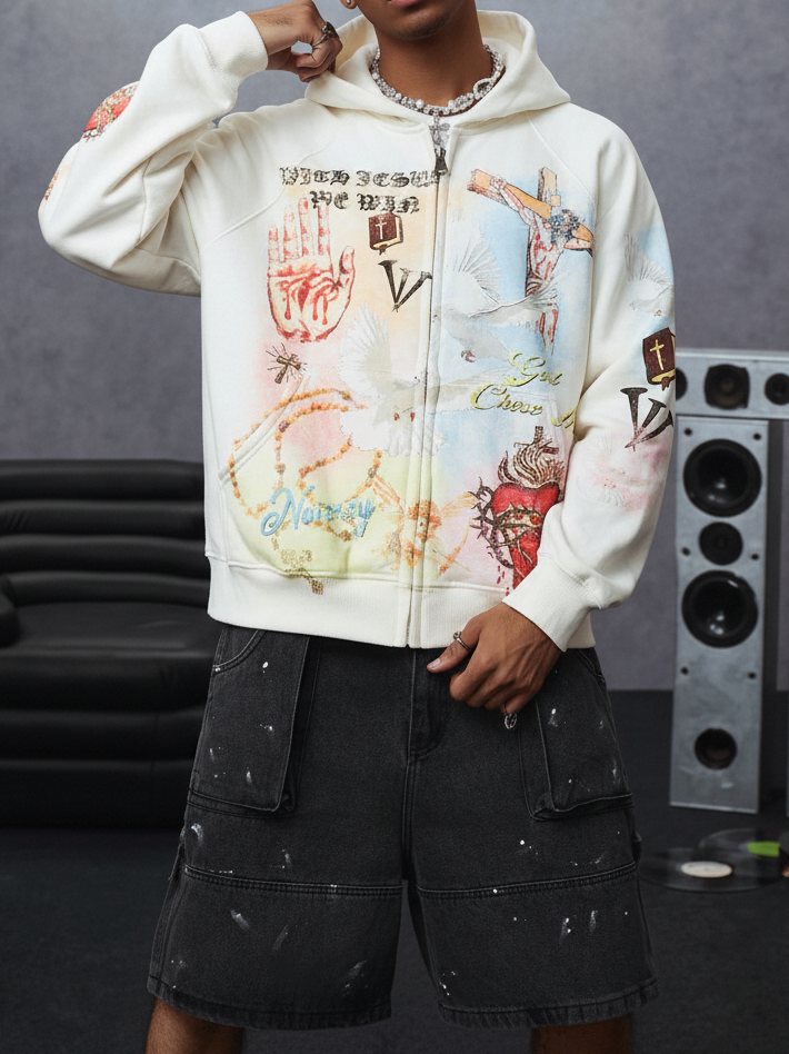 Kutsal Kalp Güvercin Beyaz Unisex Fermuarlı Sweatshirt