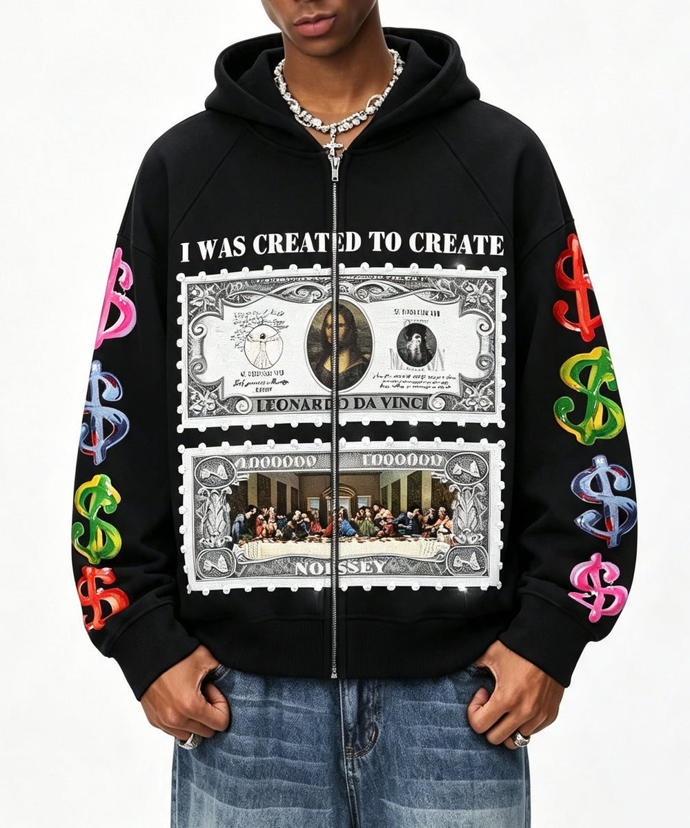 Da Vinci Dolar Siyah Unisex Fermuarlı Sweatshirt