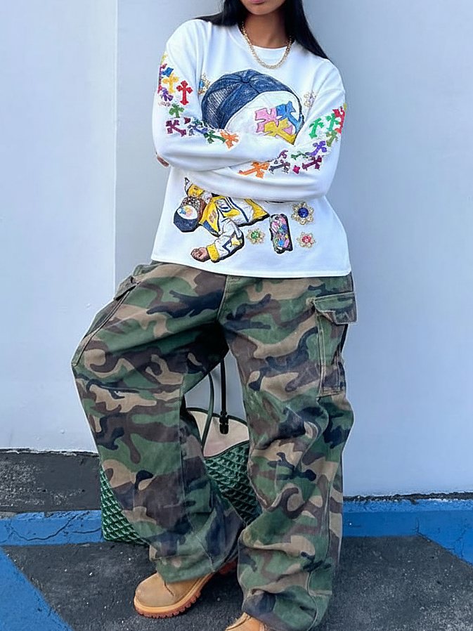 Mücevherli Hip Hop Şapka Unisex Uzun Kollu Tişört