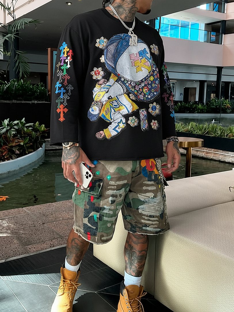 Mücevherli Hip Hop Şapka Unisex Uzun Kollu Tişört