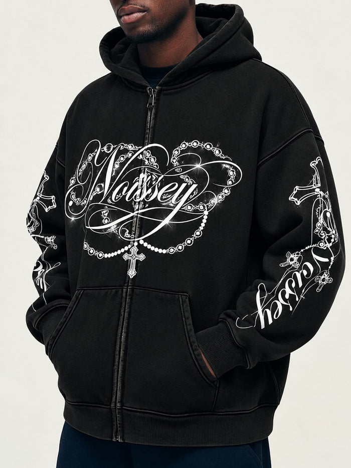 Haç ve Kaligrafi Siyah Unisex Fermuarlı Sweatshirt