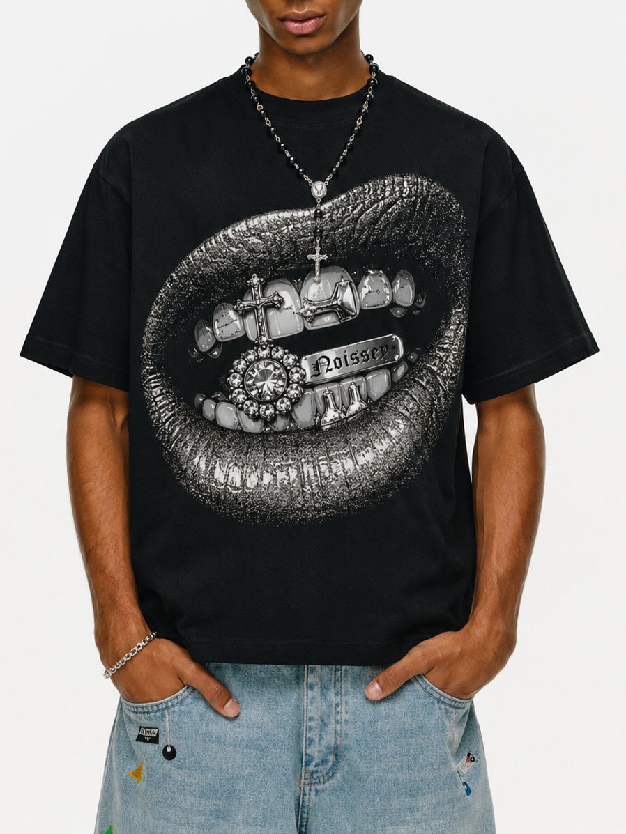 Silver Grillz Lips Siyah Unisex Tişört