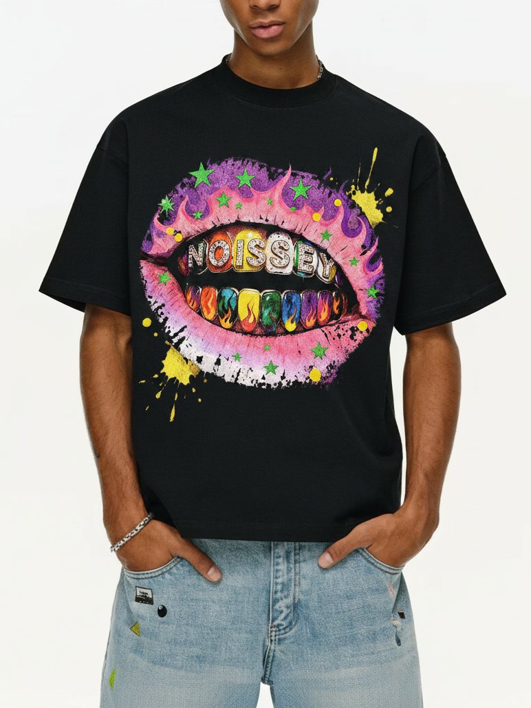 Rainbow Flame Lips Siyah Unisex Tişört
