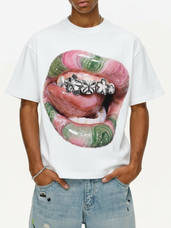 Mermer Dudak Grillz Beyaz Unisex Tişört