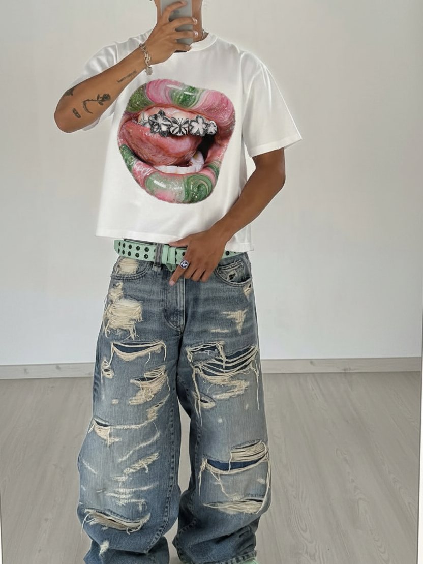 Mermer Dudak Grillz Beyaz Unisex Tişört