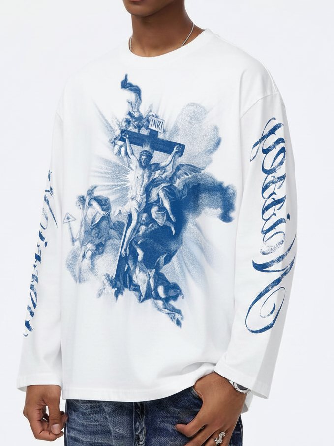 Vintage İsa Yükselişi Beyaz Unisex Uzun Kollu Tişört