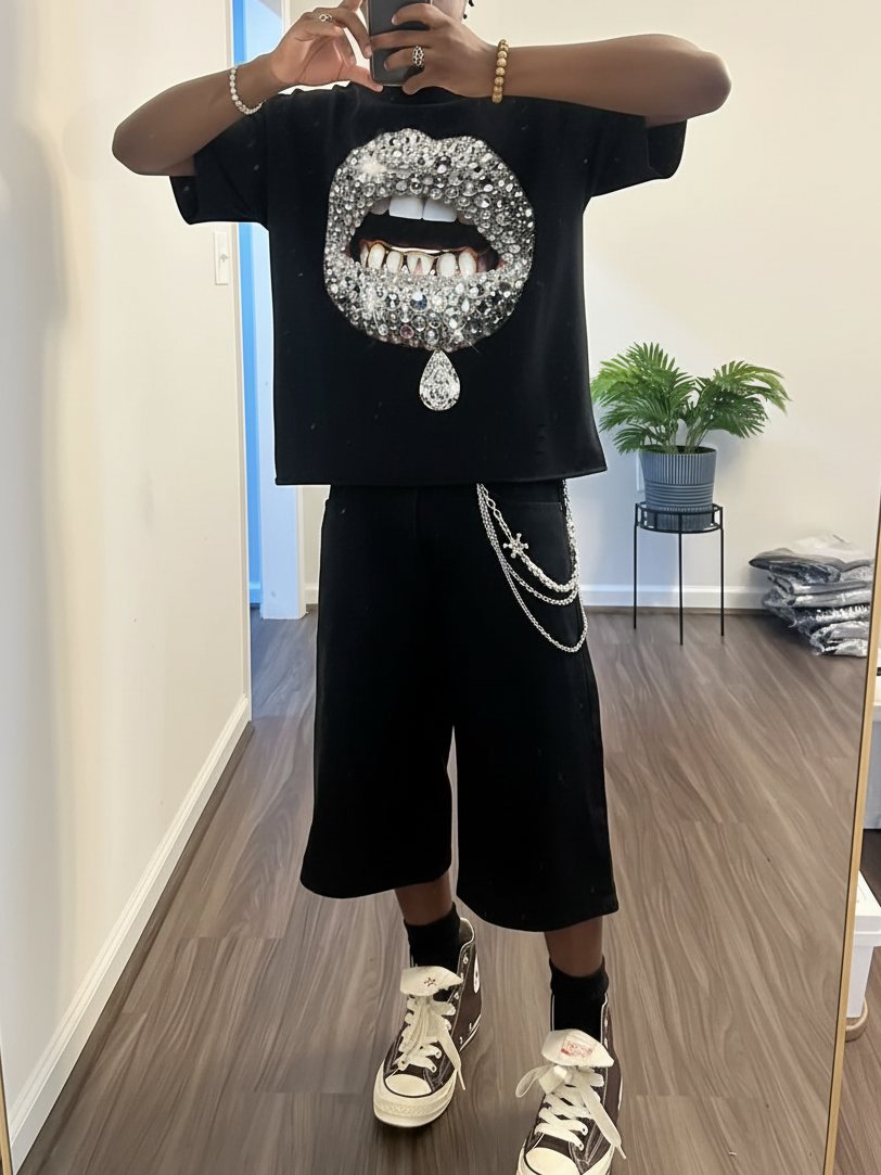 Gri Pırlanta Dudak Unisex Tişört