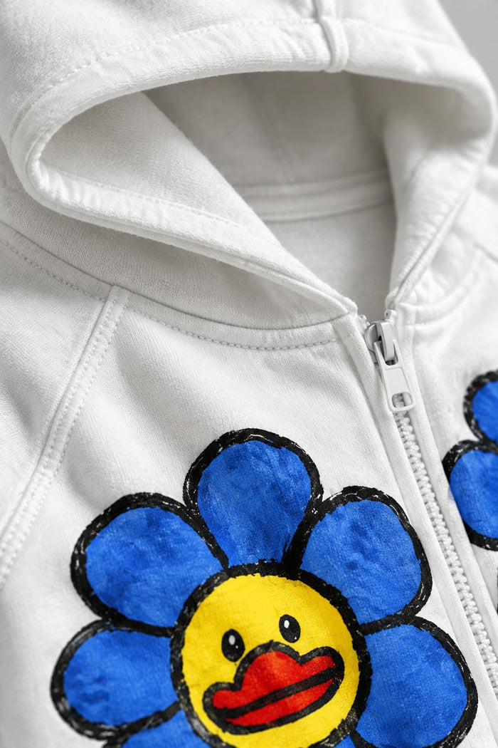Mavi Çiçek ve Ördek Beyaz Fermuarlı Sweatshirt