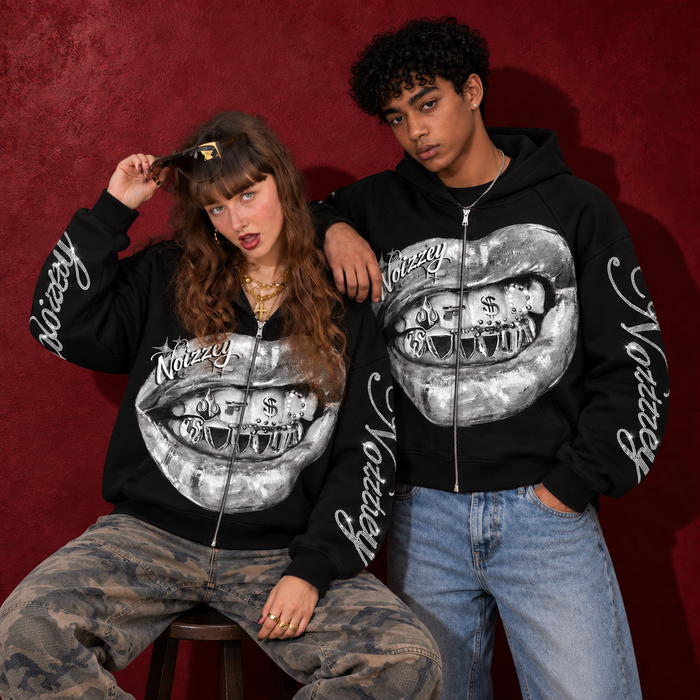 Metalik Grillz Siyah Unisex Fermuarlı Sweatshirt