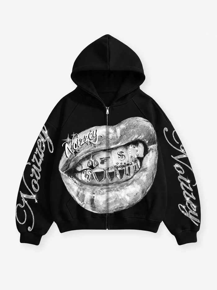 Metalik Grillz Siyah Unisex Fermuarlı Sweatshirt